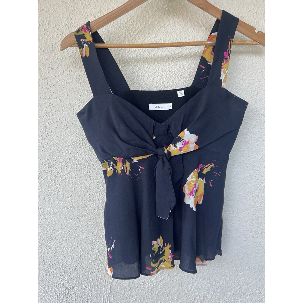 A.L.C. Black Floral Silk Tie-Front Top Women’s Size 0 Tropical Resort Vacation